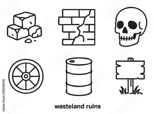 Collection of six minimalist black and white line art icons depicting elements of a desolate environment, including a skull, broken wall, barrel, wheel, rocks, and a wooden sign