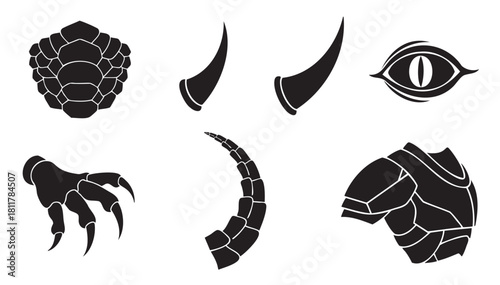 Collection of black silhouette vector icons depicting various mythical creature body parts including horns, claws, scales, and a reptilian eye