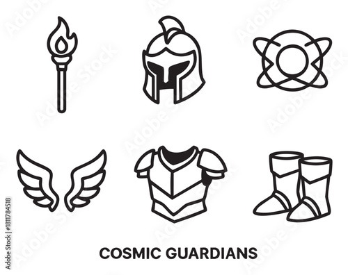 Set of six black outline icons , depicting ancient warrior and mythological symbols including a flaming torch, helmet, armor, wings, boots, and an abstract cosmic design