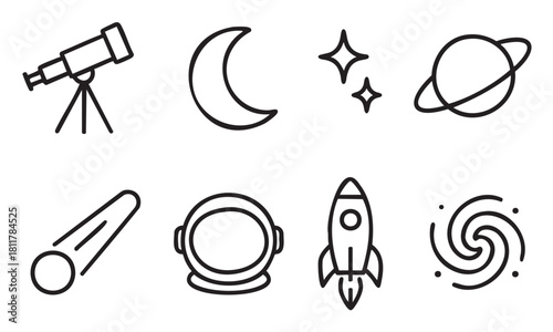 Eight minimalist black outline icons representing space and astronomy, featuring a telescope, moon, stars, planet, comet, astronaut helmet, rocket, and galaxy