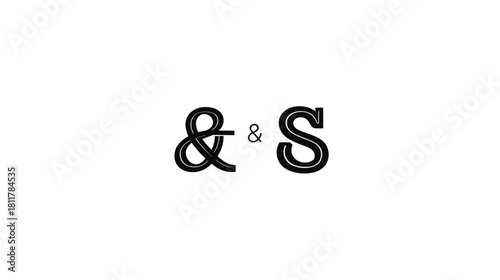Elegant black ampersand symbol and capital letter S typographic design element. Modern alphabet characters on white background.