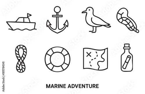 Collection of eight simple black outline icons illustrating marine adventure, featuring a boat, anchor, seagull, seashell, coiled rope, lifebuoy, treasure map, and message in a bottle