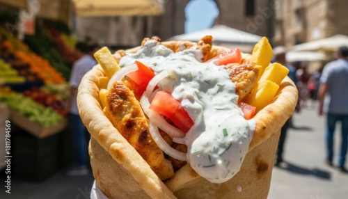 Fototapeta Naklejka Na Ścianę i Meble -  Chicken gyro with fries and tzatziki in sunny street market, capturing mediterranean travel mood and casual summer holiday lunch
