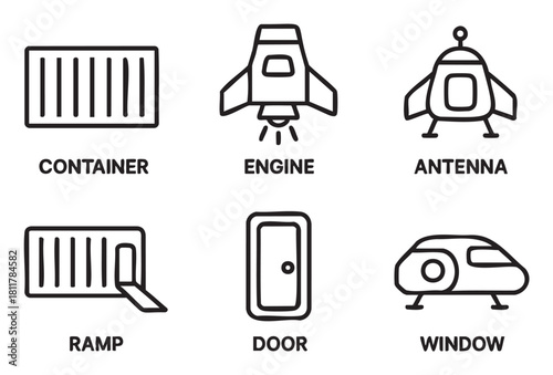 Six minimalist black outline icons , depicting a shipping container, rocket engine, space capsule with antenna, container with ramp, simple door, and futuristic window