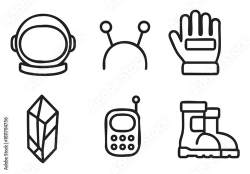 Clean graphic set of six black outline icons , featuring an astronaut helmet, space glove, boots, alien antennae, a crystal, and a vintage mobile phone, conveying exploration