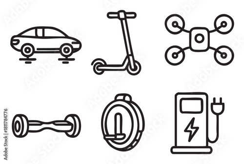 Collection of minimalist black outline icons depicting modern electric transportation, including a car, scooter, drone, hoverboard, unicycle, and a charging station