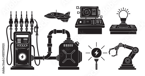 Black silhouette icons illustrating industrial technology, energy, and automation, including a fuel pump, pipeline, jet, control panel, light bulb, and a robotic arm, presented