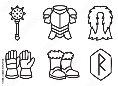 Collection of six black outline icons depicting medieval or fantasy warrior gear, including a mace, plate armor, fur cloak, gauntlets, boots, and a runic symbol, presented