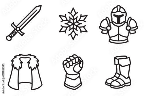 Collection of medieval and fantasy-themed outline icons, including a sword, snowflake, knight armor, cape, gauntlet, and boots, presented