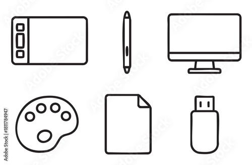 Collection of six outline icons representing creative and digital tools, including a graphic tablet, stylus, computer monitor, artist's palette, document, and USB drive, presented