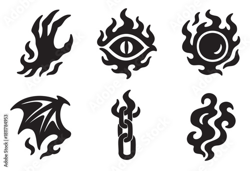 Collection of six dark and mystical black silhouette symbols, featuring a fiery clawed hand, an all-seeing eye, a burning orb, a demon wing, a flaming chain, and abstract fire