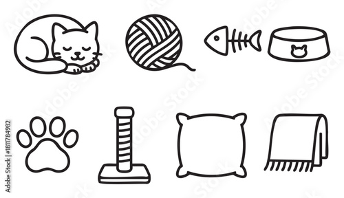 Charming collection of minimalist black outline icons featuring a sleeping cat, yarn, fish bone, food bowl, paw print, scratching post, pillow, and blanket