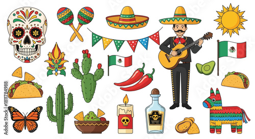 Mexican Culture Elements Skull, Maracas, Sombrero, Cactus, Guitar, and More Illustrations