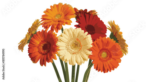 A professional photograph of a vibrant bouquet of Gerbera daisies against a pure white background.  