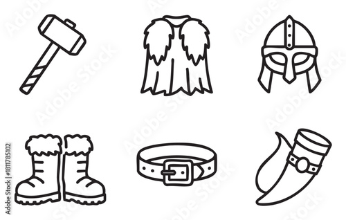 Six black outline icons illustrating essential Viking or fantasy warrior gear, including a hammer, fur cape, helmet, boots, belt, and drinking horn, presented