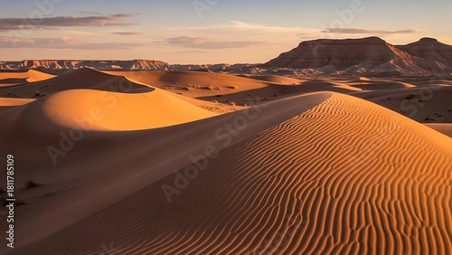 Fototapeta Naklejka Na Ścianę i Meble -  Golden Hour in the Desert - A Serene Landscape of Sand Dunes.
