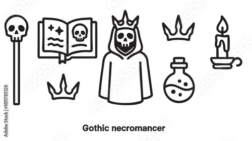 Collection of black outline icons depicting gothic necromancer elements like a skull staff, magic book, crowned skeletal figure, potions, and candles