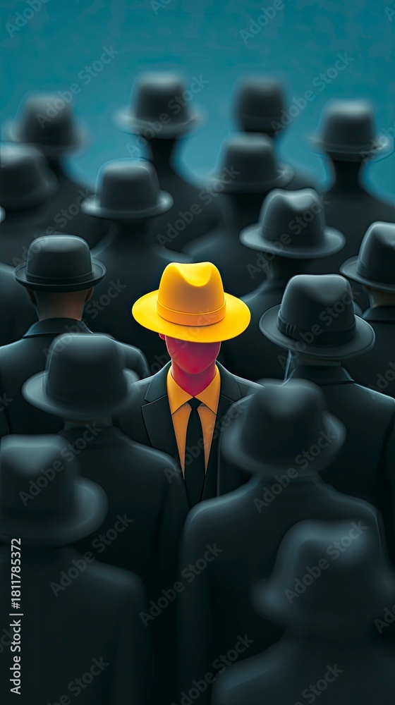 Fototapeta premium Individual in Bright Hat Stands Out Among Dark Figures in Crowd