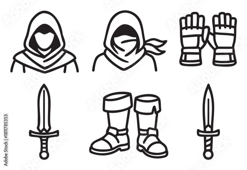 Collection of black outline vector icons featuring fantasy adventure gear, including two hooded figures, a pair of gloves, boots, and two daggers, presented
