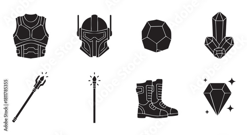 Collection of black silhouette icons for fantasy and sci-fi adventures, showcasing protective armor, a futuristic helmet, two magic staffs, sparkling crystals, and rugged boots on white
