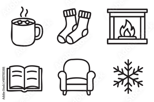 Collection of minimalist black outline icons representing cozy winter and indoor comfort, including a steaming mug, warm socks, a fireplace, an open book, an armchair, and a snowflake