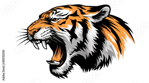 Fierce roaring tiger head illustrated in bold dynamic colors showcasing power strength wildlife energy and aggressive expression in detailed artwork on white background