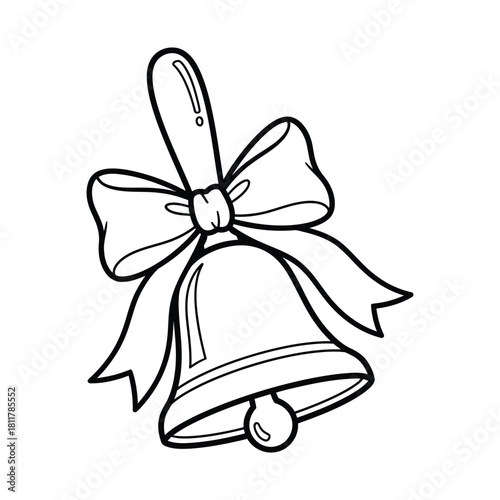 Handheld bell with decorative ribbon bow in simple festive line art style Vector illustration