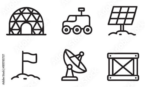 Six black outline icons depicting space exploration and future living, including a geodesic dome, planetary rover, solar panel, flag, satellite dish, and supply crate on white