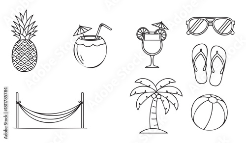 Collection of simple hand-drawn black outline icons representing summer vacation essentials, including a pineapple, drinks, sunglasses, flip-flops, a hammock, palm tree, and beach ball
