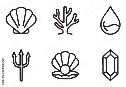 Collection of six minimalist black outline icons featuring marine and precious elements like seashells, coral, a water drop, a trident, a pearl, and a gemstone, presented