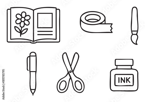 Six simple black outline icons of art and craft supplies, including an open book, adhesive tape, a paintbrush, pen, scissors, and an ink bottle, arranged