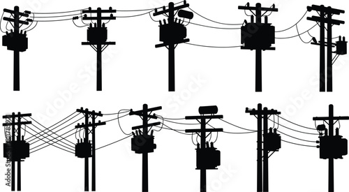 Silhouette vector illustration of utility poles with electrical transformers and power lines—power distribution infrastructure layout for engineering, planning, and technical reference