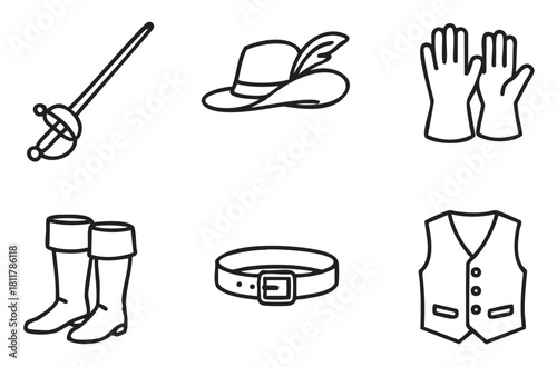 Six black outline icons depicting classic swashbuckler costume elements: a rapier, feathered hat, gloves, tall boots, a belt, and a waistcoat, presented as a clean vector illustration on white