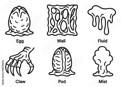Collection of six black and white line art icons depicting various alien and monster-related elements like an egg, wall, fluid, claw, pod, and mist