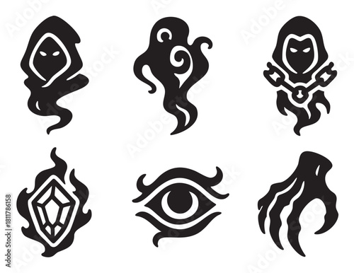 Set of six mysterious black and white fantasy vector icons, depicting hooded figures, a ghostly swirl, a flaming gem, an all-seeing eye, and a monstrous claw