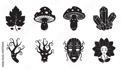 Collection of whimsical black silhouette illustrations featuring mystical nature elements like enchanted mushrooms, leafy faces, gnarled tree spirits, sparkling crystals, and an ornate tribal mask