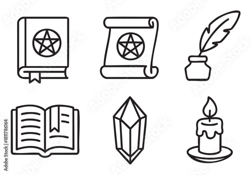 Six black outline icons illustrating magical and mystical objects: a pentagram spellbook, ancient scroll, quill and ink, open book, crystal, and a lit candle, presented