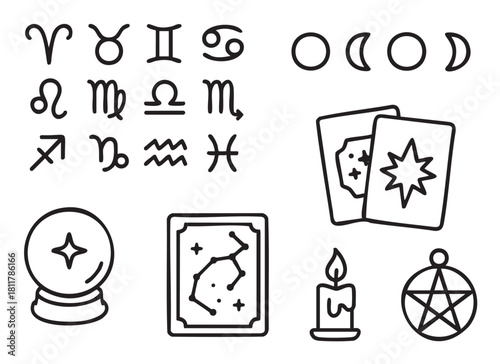 Collection of hand-drawn black line art icons featuring zodiac signs, tarot cards, a crystal ball, and other mystical symbols for astrology and divinati