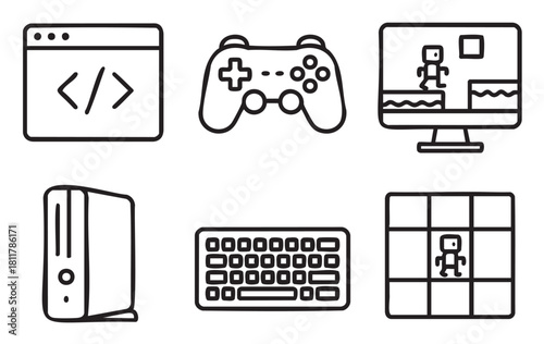 Set of hand-drawn line art icons representing video game development, featuring a code editor, gamepad, platformer game, computer, keyboard, and level design grid