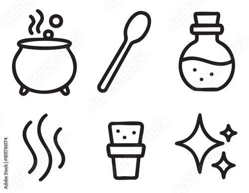 Collection of minimalist black line art icons representing magic and witchcraft, featuring a bubbling cauldron, potion bottle, spoon, and sparkles