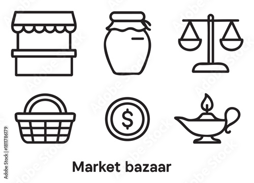 Set of six simple black line icons representing a market bazaar theme, including a stall, jar, scales, basket, coin, and lamp