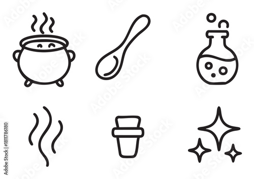 Minimalist collection of hand-drawn magic and alchemy icons featuring a steaming cauldron, bubbling potion, spoon, cork, steam, and shiny stars in a simple black outline style