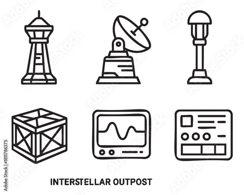 Collection of hand-drawn science fiction icons for a space exploration theme, featuring a futuristic tower, radar dish, cargo crate, and electronic equipment