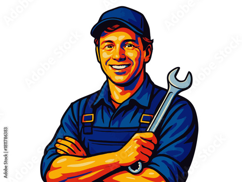 male mechanic in uniform holding a wrench, symbolizing skill, labor, and technical work. Generative ai vector colorful pop art illustration.