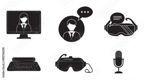 Set of black icons illustrating modern communication technology for remote work and virtual meetings, including VR headsets, avatars, a microphone, and a computer keyboard