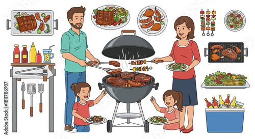 Family BBQ A Delicious Illustration of a Gathering with Food, Grill, and Loved Ones