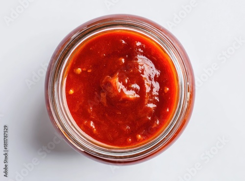 Red sauce in a clear glass jar