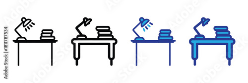 Set of minimalist desk icons, featuring a table with a lamp and stack of books in outline, filled, and colored variations, isolated on white