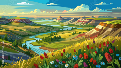 Very beautiful panoramic view of prairie grasslands and colorful wildflowers in the Theodore Roosevelt National Park – North Unit, with the Little Missouri River winding through the rugged North Dakot