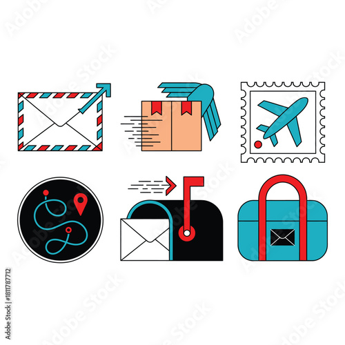 Collection of postal and delivery service icons and symbols